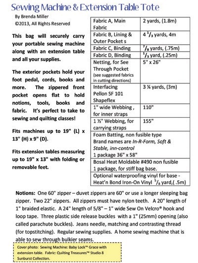 Sewing machine tote pattern requirements.