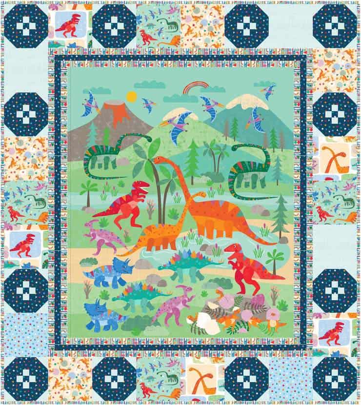 Dinosaur-themed fabric panel may be used for lap quilt size.