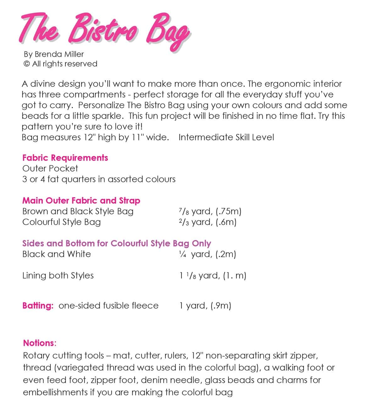 Pattern back for The Bistro Bag, designed by Brenda Miller.
