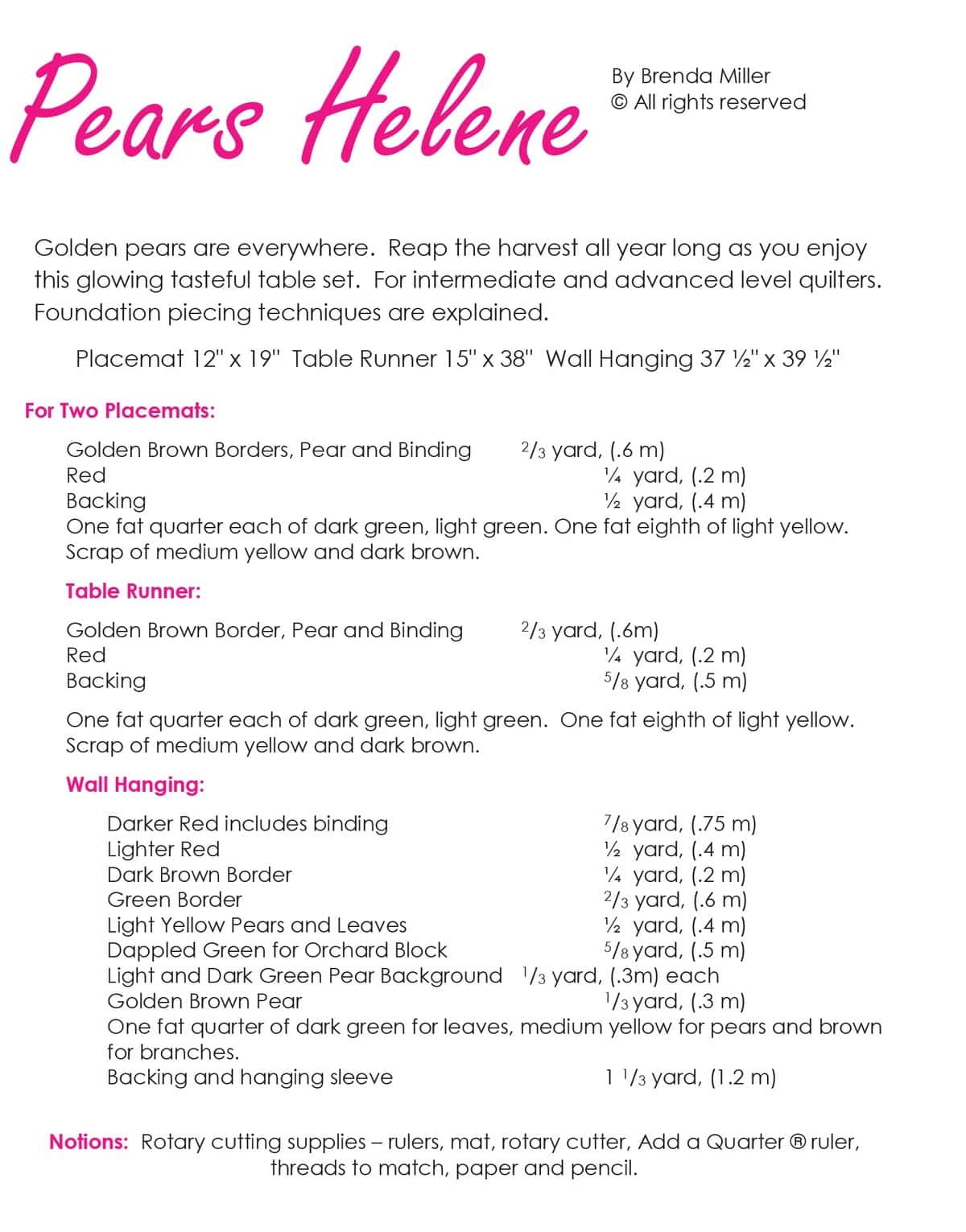 Pattern requirements for Pears Helene Table Set.