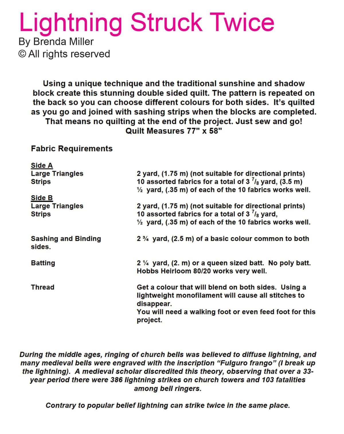 Pattern requirements for Lightning Struck Twice reversible quilt.