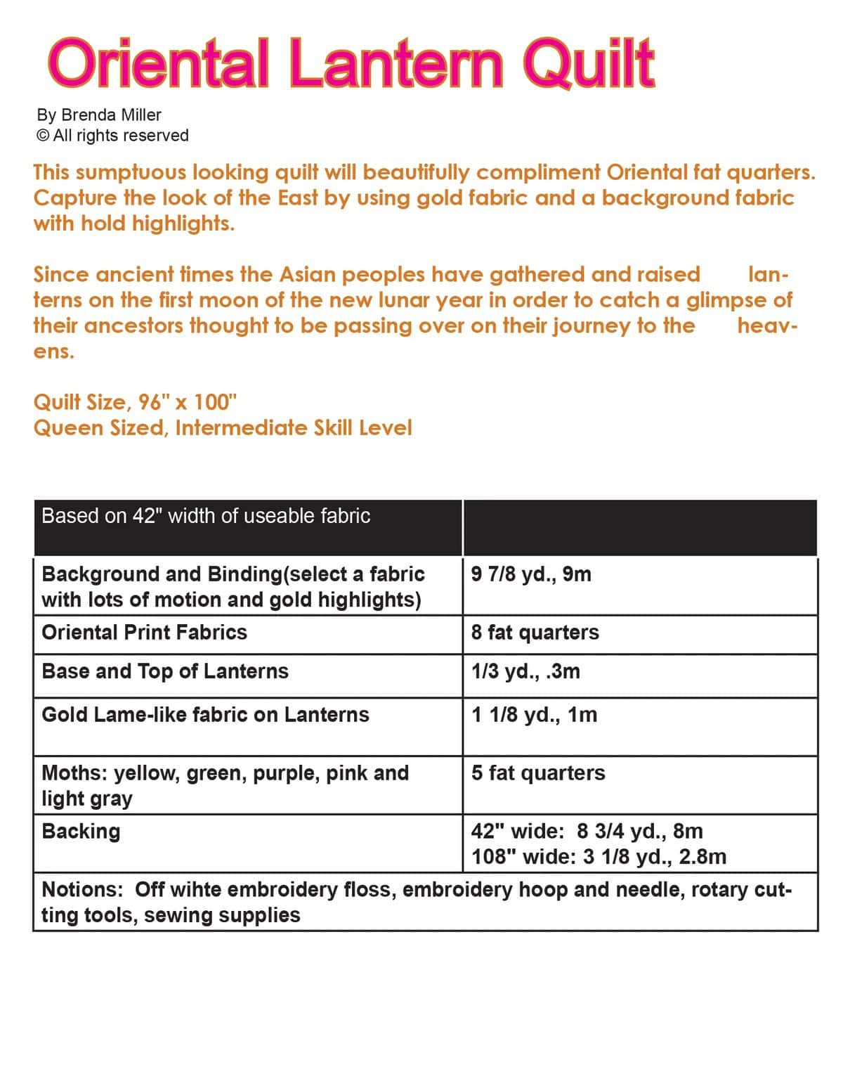 Oriental lantern quilt pattern requirements.