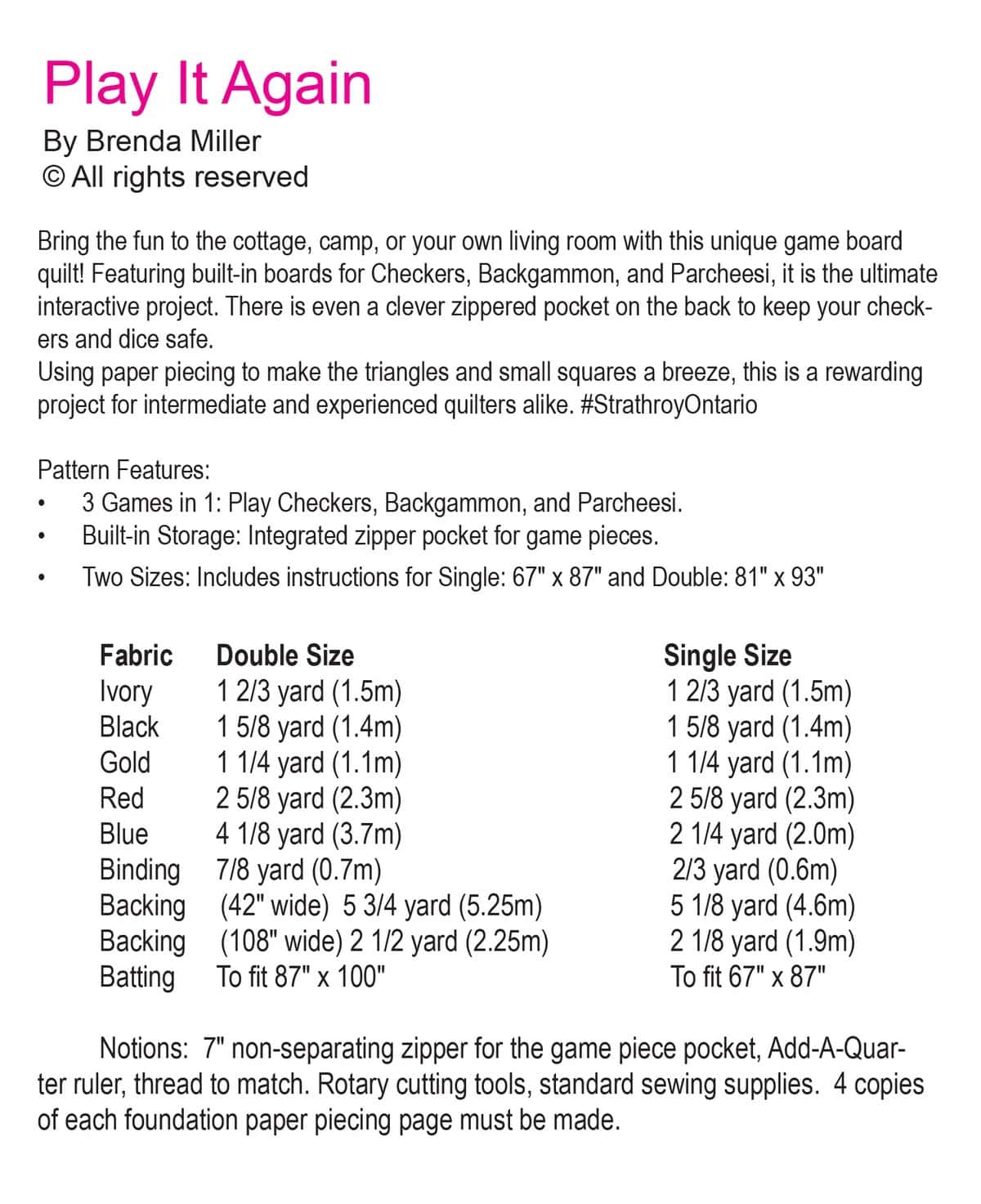 Play It Again Quilt pattern requirements.