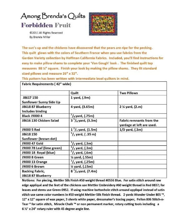 Pattern requirements for "Forbidden Fruit" quilt.