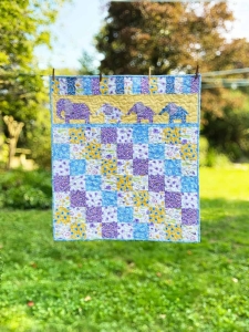 Pachyderms of Endearment baby quilt hangs outside.